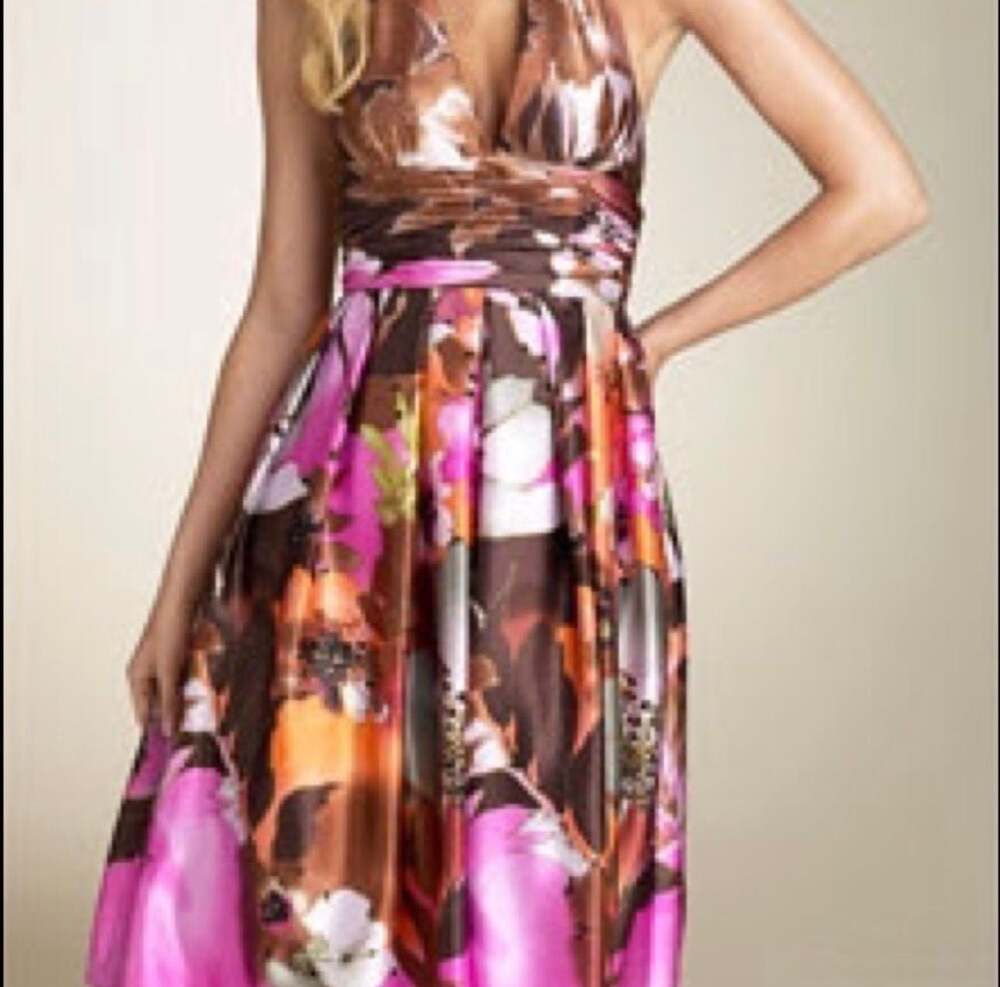 Tensione In Floral Print Sleeveless V-Neck Silk Dress with Belt